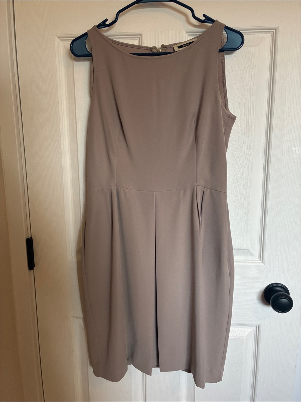 Sleeveless Taupe Shift Dress with Pleated Front